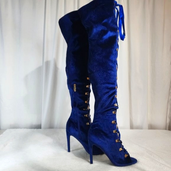 Cape Robbin Navy Blue Satin Lace Up High Heel Thigh Boots - Picture 9 of 11